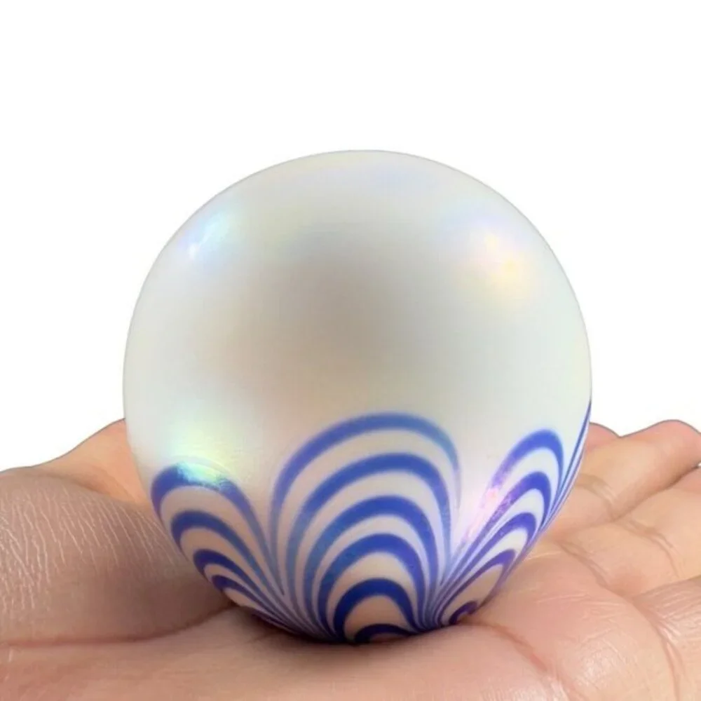 Vintage Art Glass Paperweight Round Orb White‎ Iridescent With Blue Swirls Lines